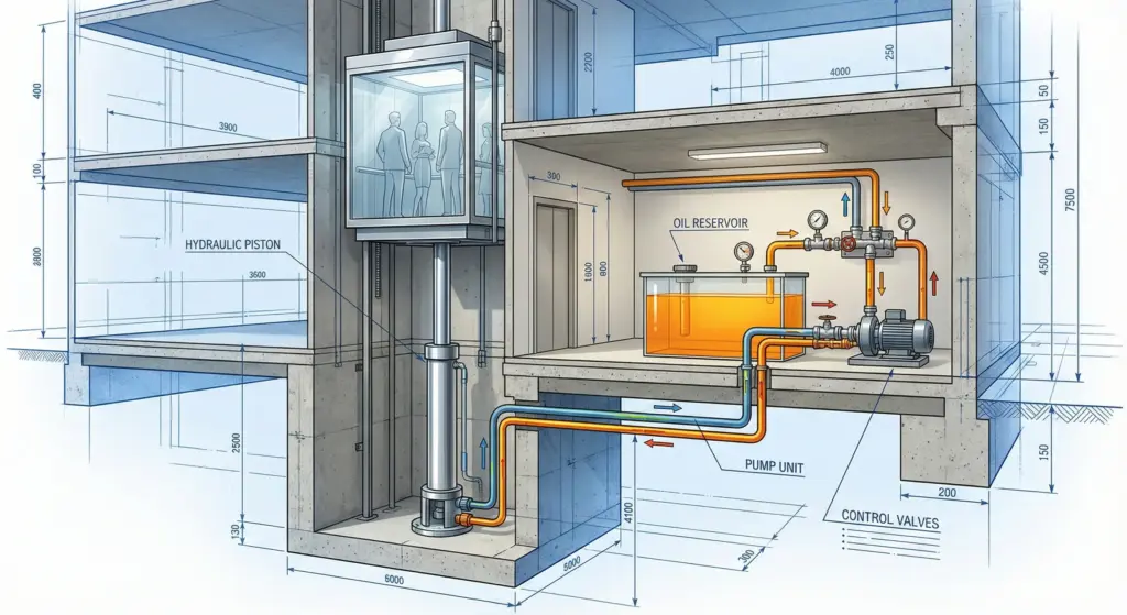 הדמיה של אופן הפעילות של מעלית הידראולית של חברת צום מעליות