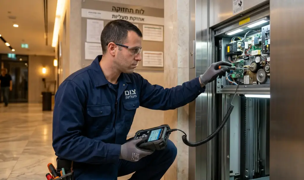 טכנאי של צום מעליות מתקן מעלית שנתקעה